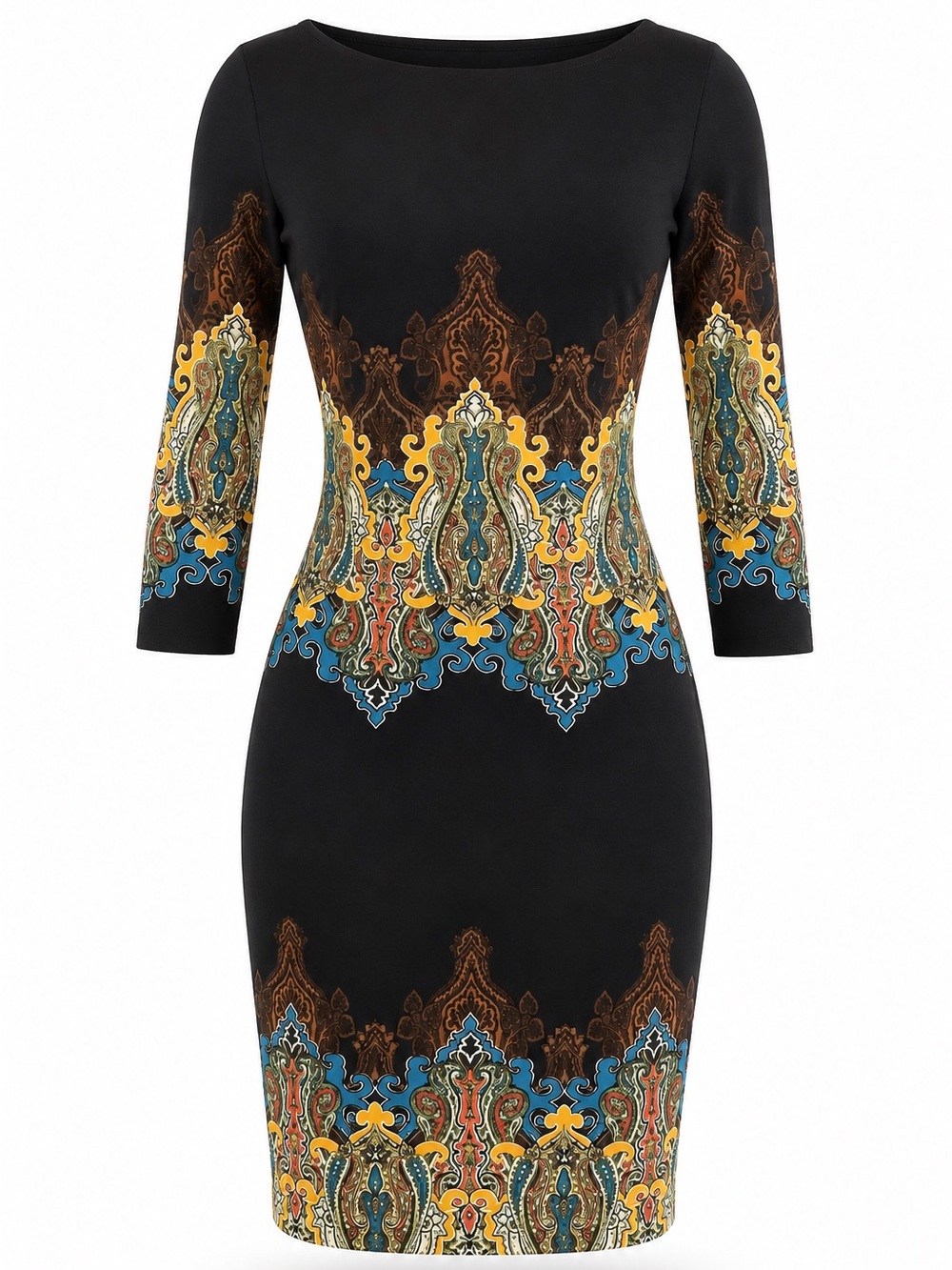 VTG Y2K CACHE Bodycon Dress Stretch Sz XS Black/Multi Printed Paisley Party